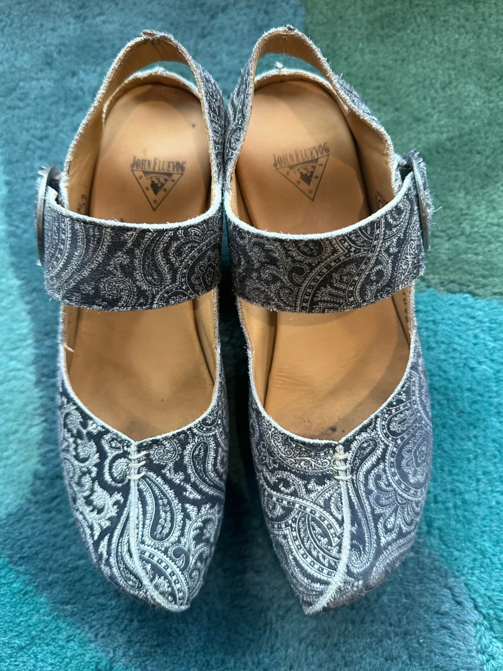 Fluevog Prepare Guide dark gray paisley suede platform slingback -7.5 (fits 7)